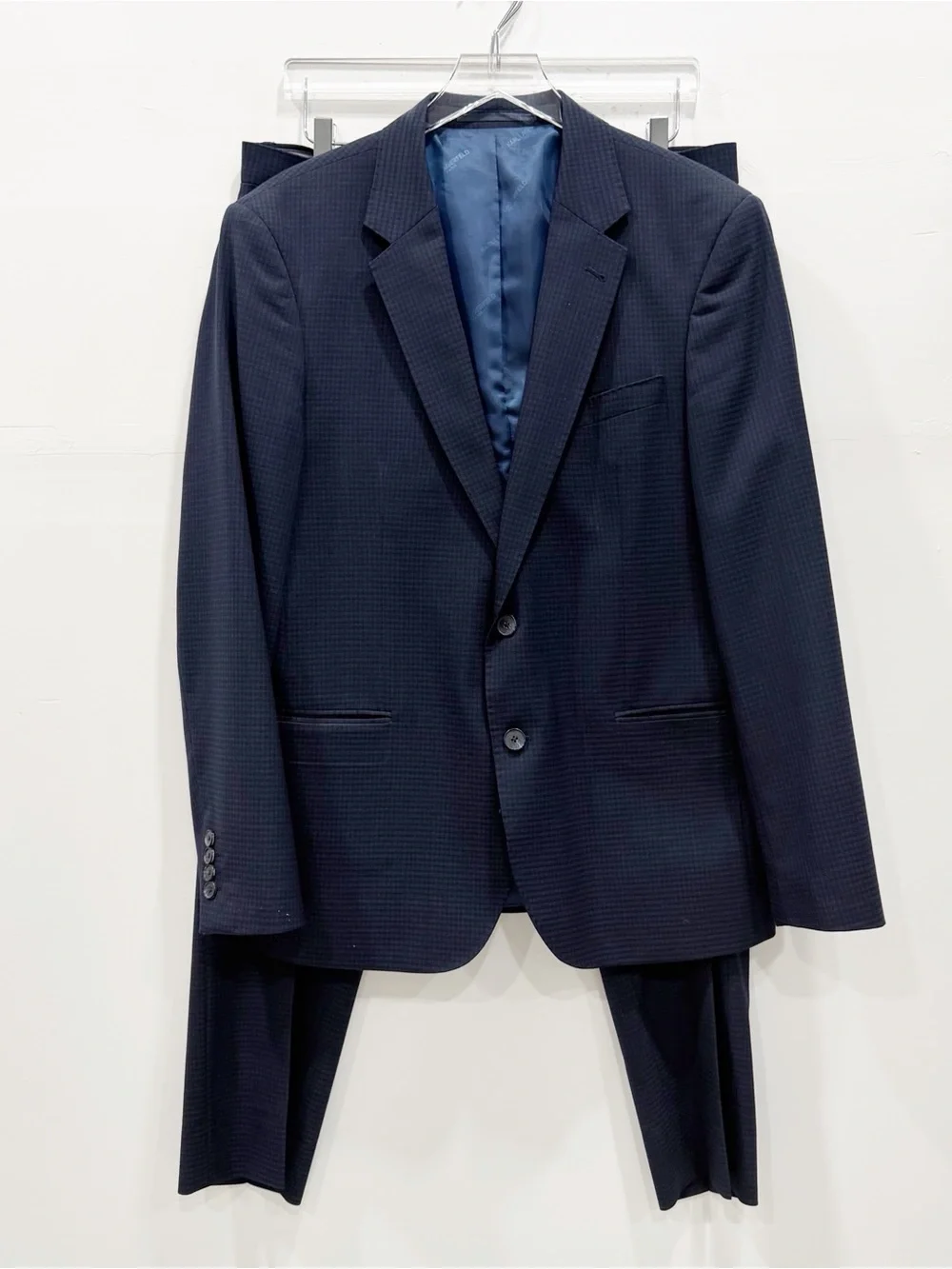 Karl Lagerfeld Marcel Modern Fit Wool Blend Navy Checkered Suit 42R Pants 36W